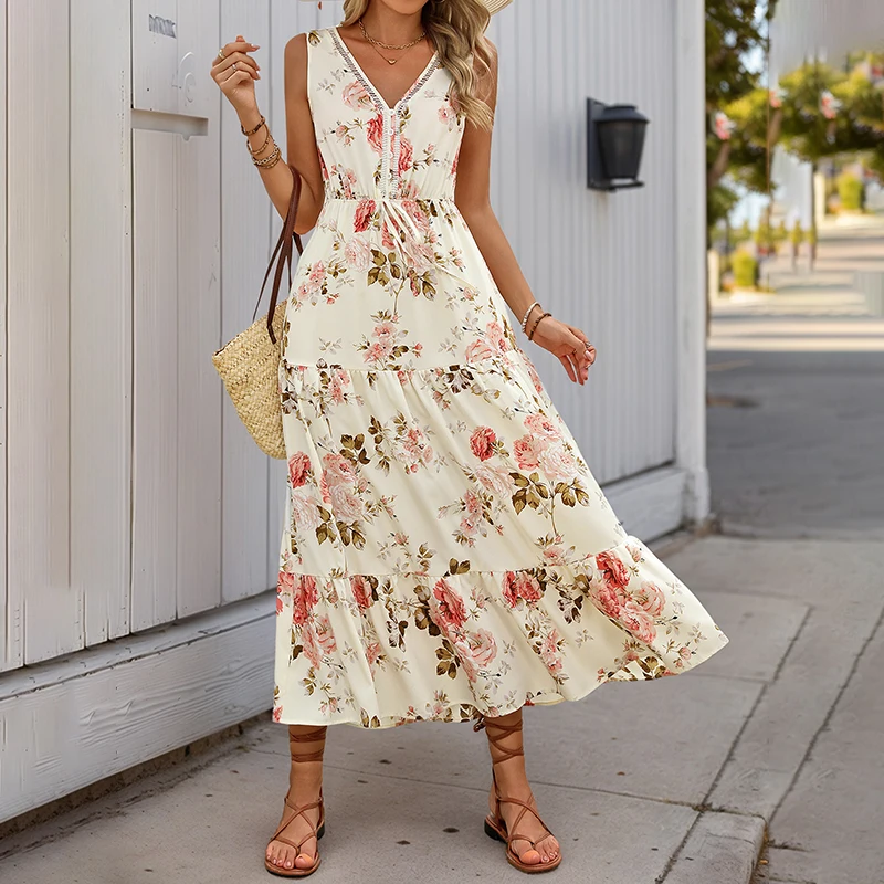 

Women's White Floral Print Sleeveless V Neck Tie Waist Tiered Midi Dress Summer Boho Casual Party Slim Fit