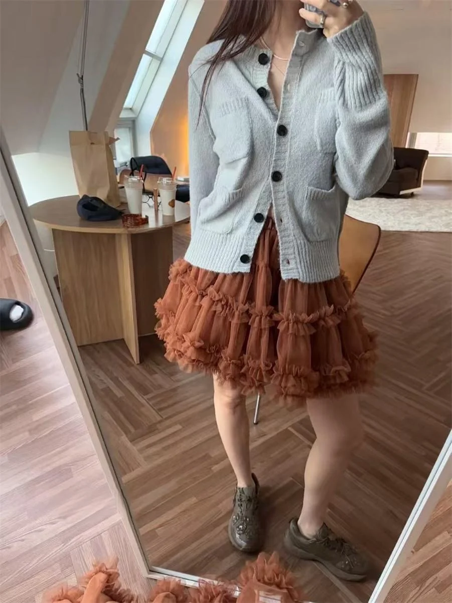 Unique SEI Street Sle Gentle Girl Me Layered Cake Vintage Versatile Slimming Puffy f-length ort Skirt High Waist Kor...