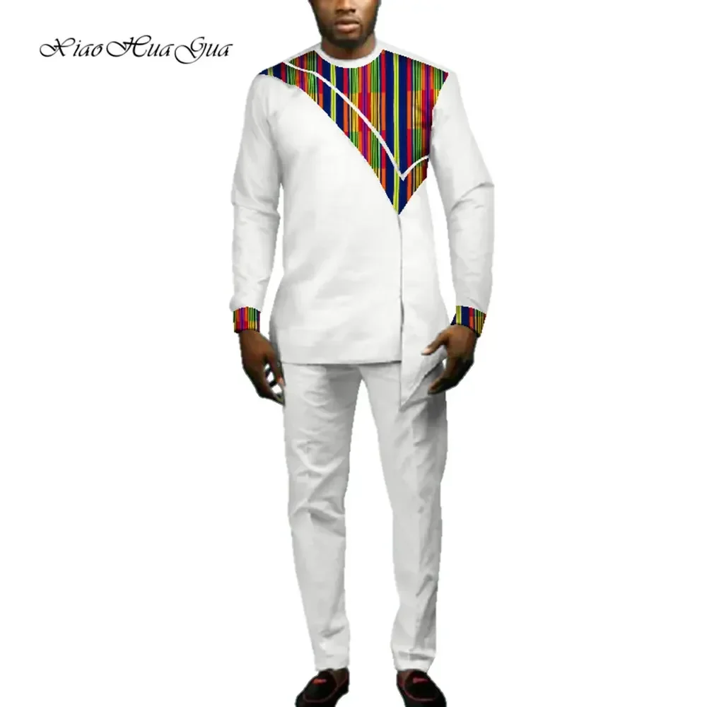 Mens African Outfits Set African Print Autumn Round Neck Long Sleeve Dashiki T-shirt+Trousers Casual Two Piece Suit Men WYN693