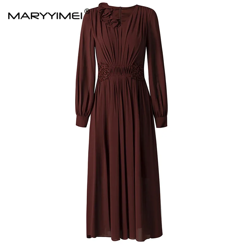 

MARYYIMEI New Fashion Runway Designer Women's Black V-Neck Long Sleeve Elegant Three-Dimensional Floral Pleated Vintage Dress