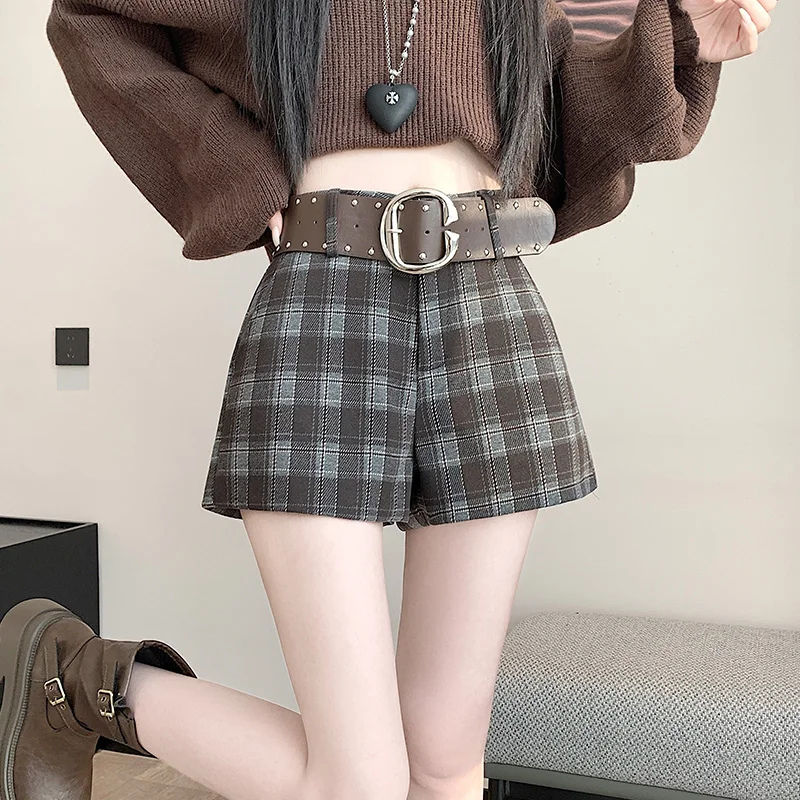Winter Wollen Hoge Taille Shorts Vrouwen Vintage Plaid Shorts Broek Vrouwelijke Koreaanse Mode Slim Fit Uitloper Kort Met Riem 2025