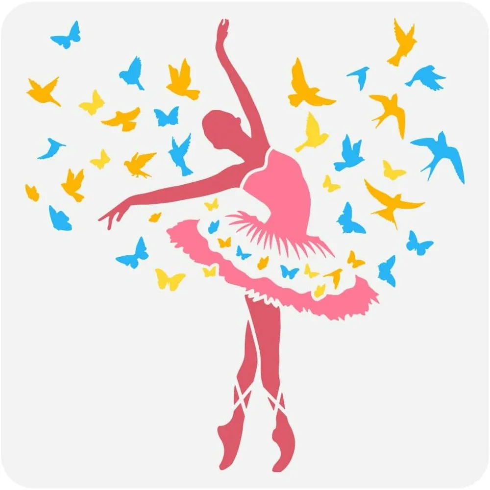 Ballet Dancer Painting Stencil 11.8x11.8 inch Reusable Ballet Surrounded Dove Swallow Butterfly Drawing Template Illusionary