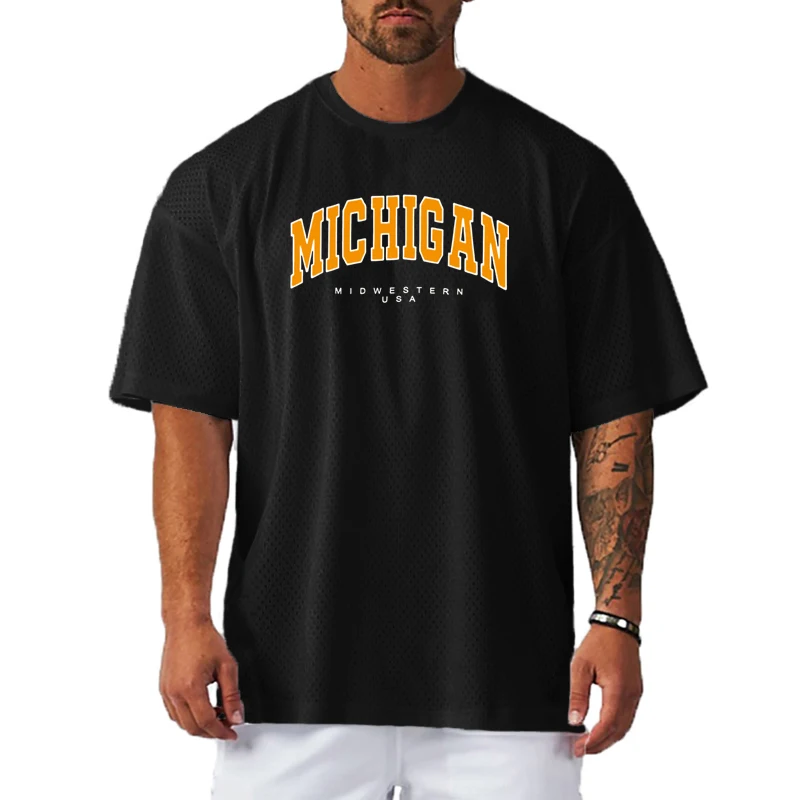 Michigan Midwestern USA Gym Fitness Workout Tops Mens Running Sport Oversized Loose T-Shirt Mesh Short Sleeve Quick Dry Clothing