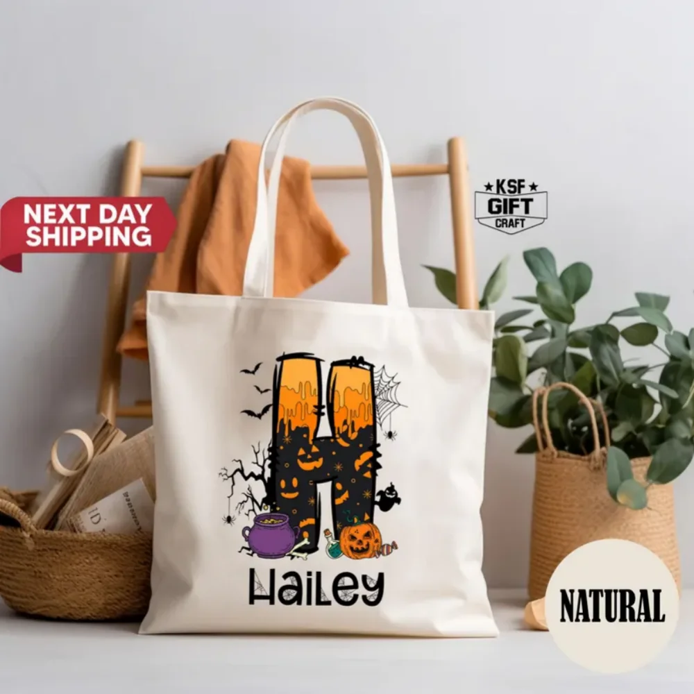 حقيبة حمل مخصصة للهالوين، حقيبة حمل بحروف الهالوين، حقيبة حمل للهالوين للأطفال، حقيبة حمل تحمل اسم مخصص، حقيبة حمل شبح