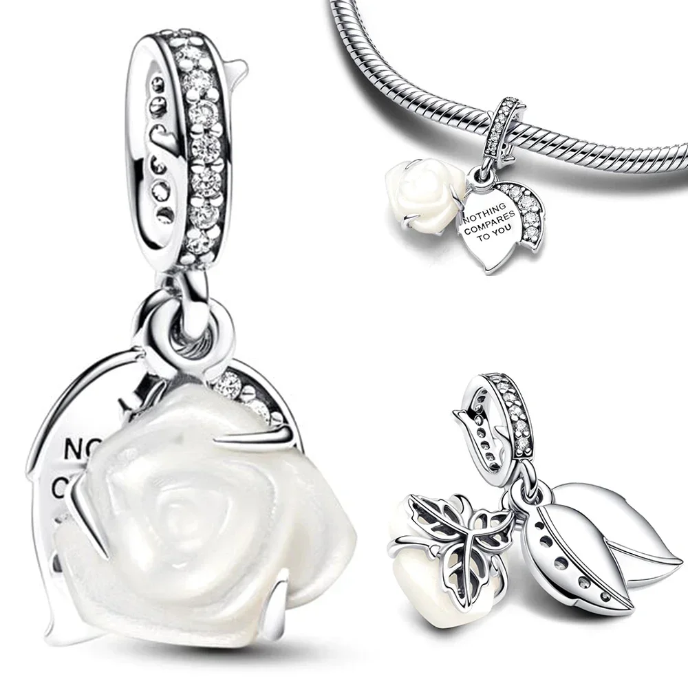 Charm-Anhänger aus 925er-Sterlingsilber mit funkelnder Rose in Blüte, passend für Pandora-Charms aus 925er-Silber, Original-Armbänder, DIY-Schmuck, Geschenk