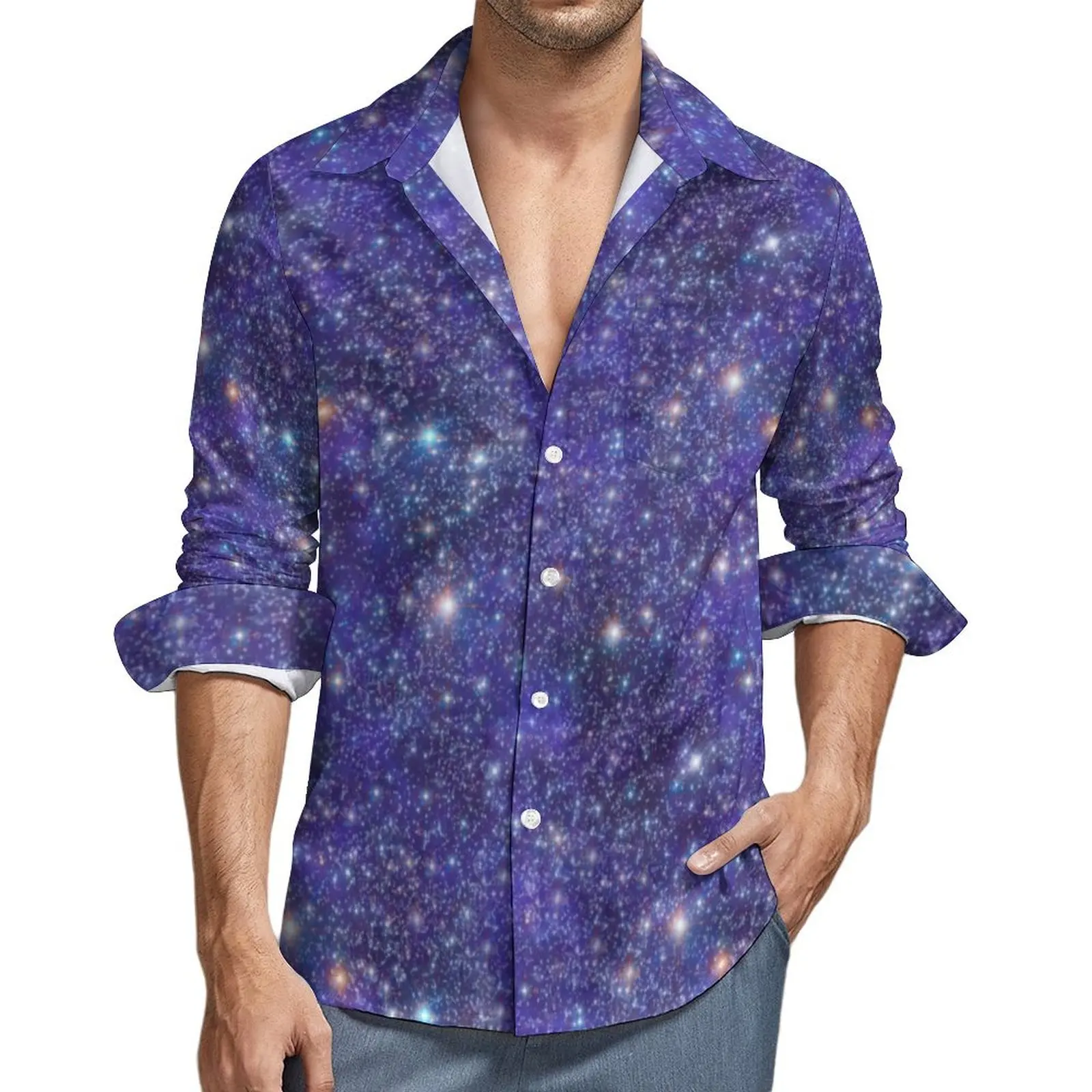 Starry Night Print Shirt Autumn Stars Blue Galaxy Casual Shirts Man Elegant Blouse Long Sleeve Design Fashion Clothing Big Size