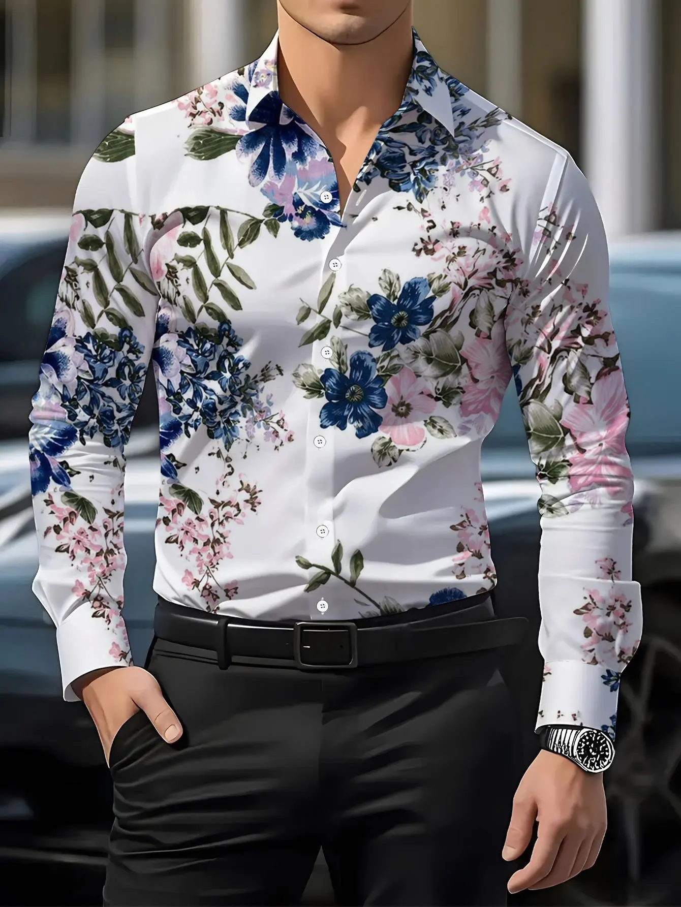 Men Long Sleeve Shirt Watercolor Blue Hydrangea Floral Print Button Down Casual Daily Holiday Party Slim Fit Tops Men's Clothing