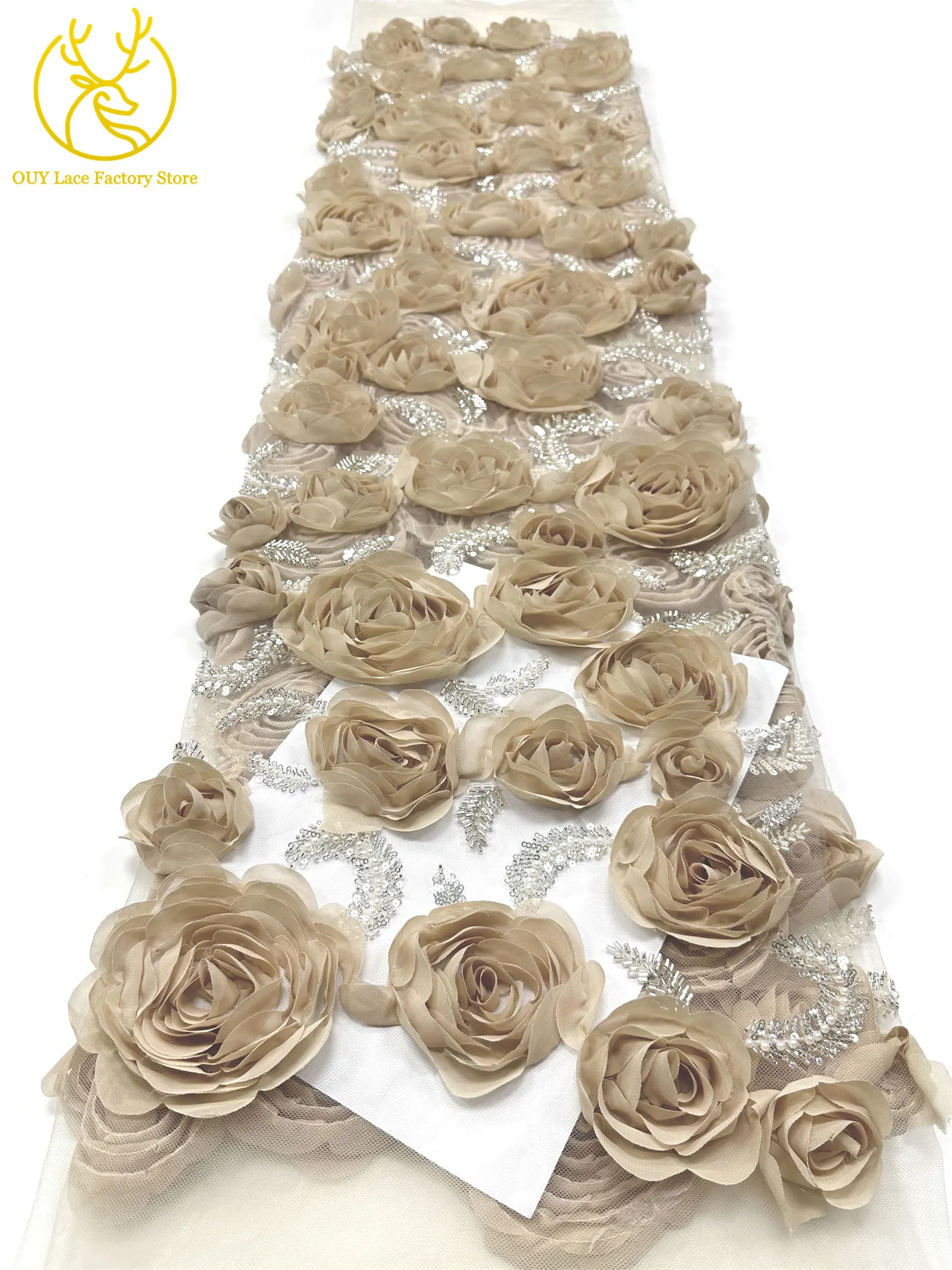 3D-Rosen-High-End Nigerianischer Tüll-Spitzenstoff 2026 – Hochwertiger afrikanischer Pailletten- und Perlen-Spitzenstoff für Brautkleider und Hochzeitskleider zum Nähen – Detail 22