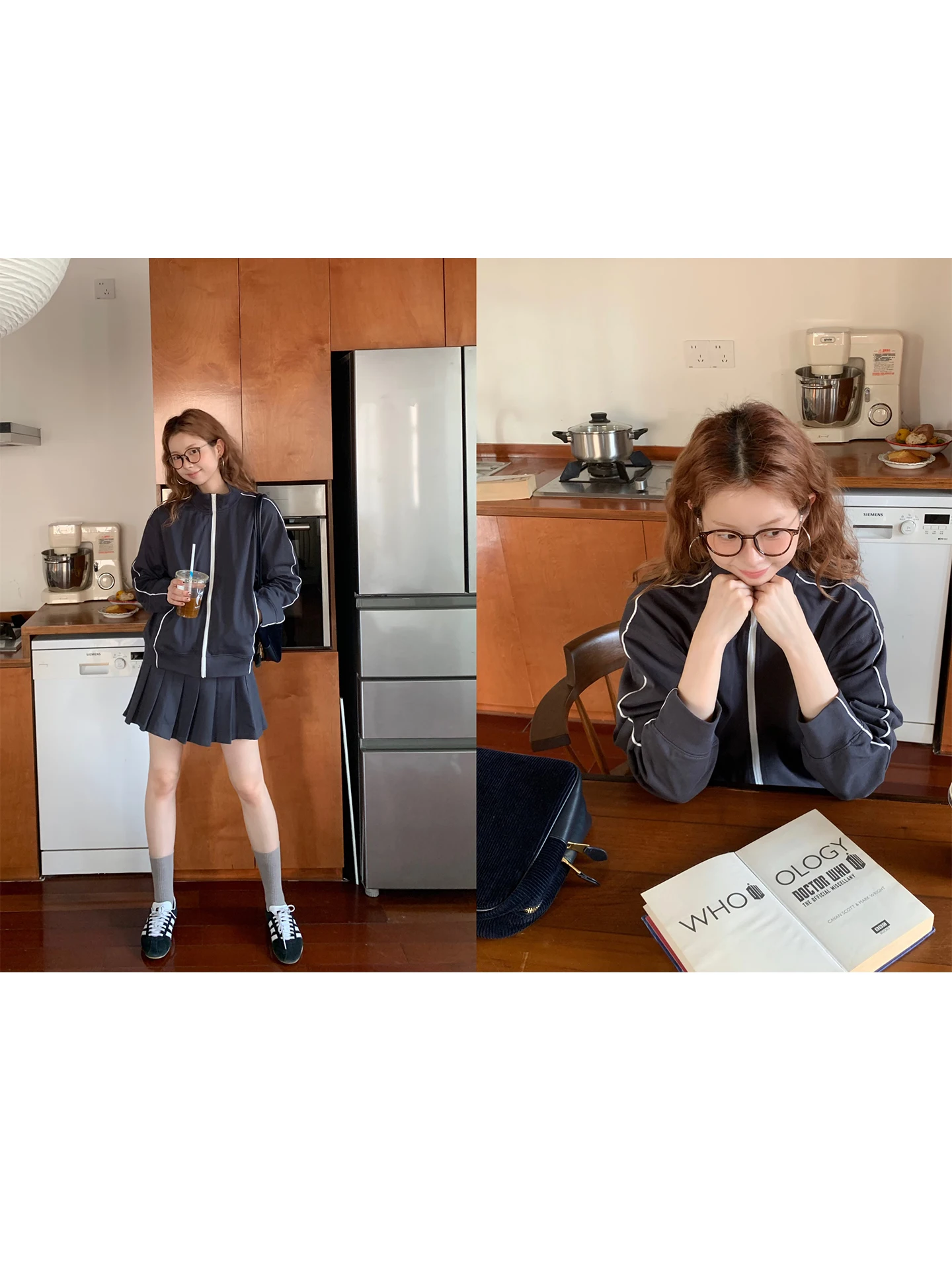 

Комплект из двух предметов: спортивная куртка из чистого хлопка и плиссированная юбка, повседневный свободный крой, длинный рукав, застежка-молния