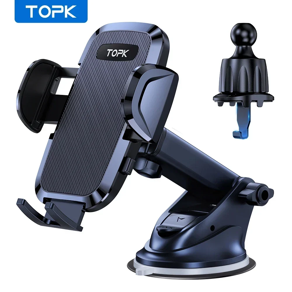 TOPK Soporte para teléfono para automóvil 4 en 1 Soporte para teléfono para automóvil súper estable para salpicadero/parabrisas/ventilación de aire compatible con todos los teléfonos móviles-image