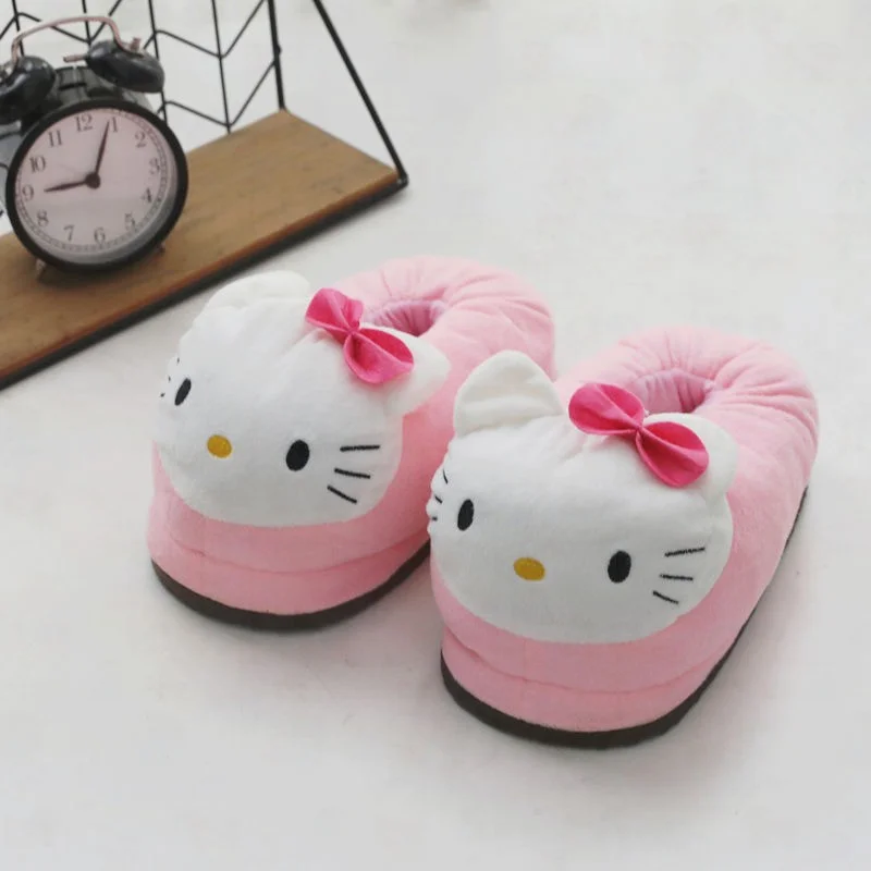 Fashion Cartoon Plush Sanrio Hello Kitty Big Head Cotton Shoes Women Plushie Kawaii Flat Shoes Pink Fuzzy Slippers Shoes Gift