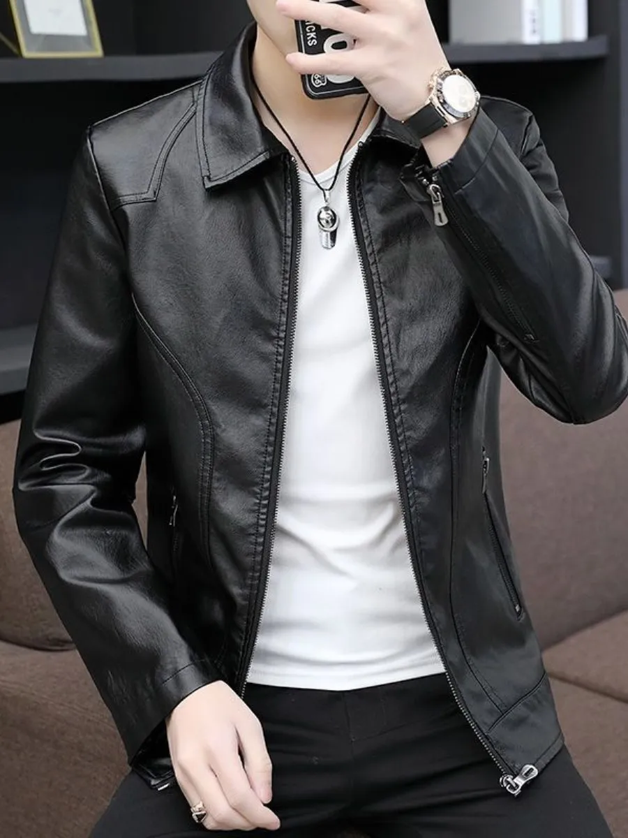 

Мужская модная приталенная кожаная куртка с воротником-стойкой, тонкая повседневная верхняя одежда, длинный рукав, застежка-молния