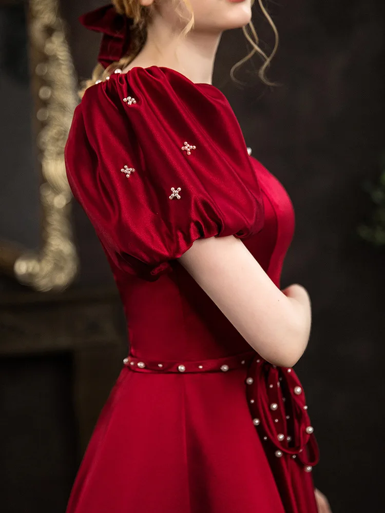 Female Retro French A-Line Evening Party Dress Qipao Burgundy Satin Square Neck Maxi Dress Sexy Exquisite Beads Wedding Dress