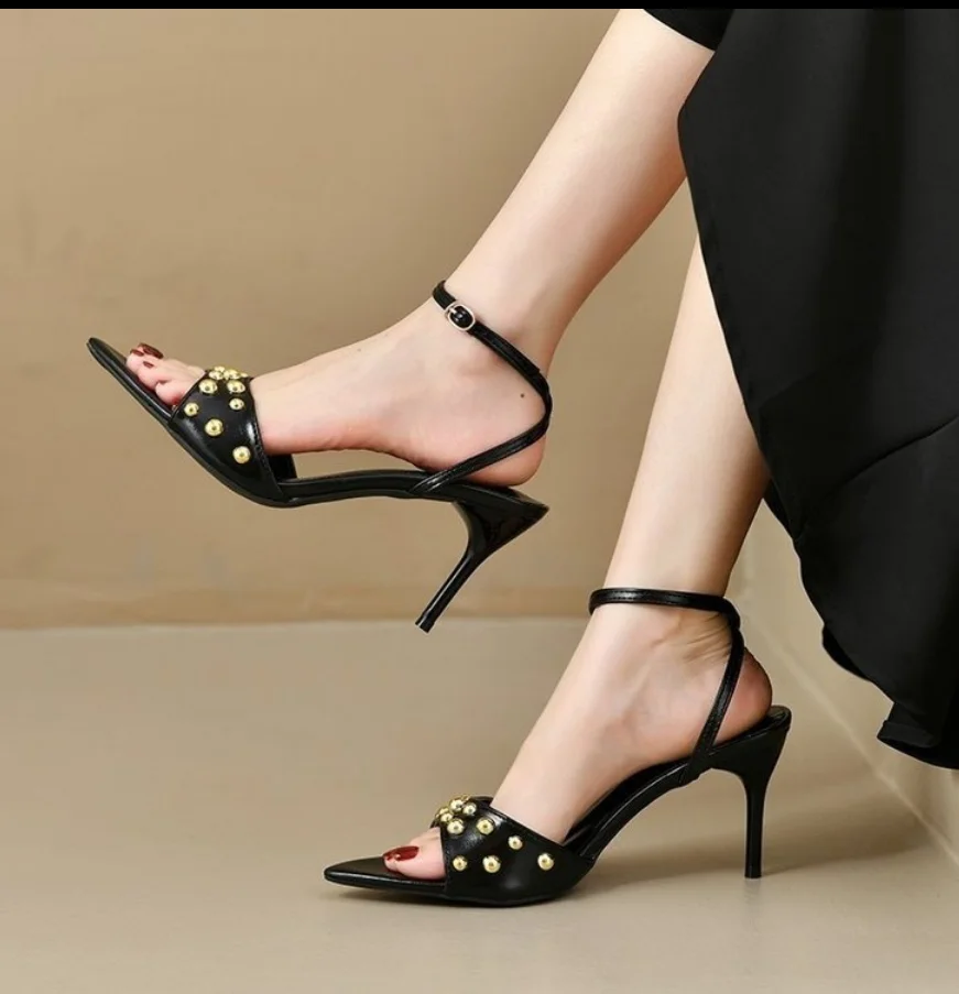Summer Retro Rivet Peep Toe Women Sandals Fashion Buckle Strap Thin High Heels Stripper Shoes Mujer Banquet Dress Shoes