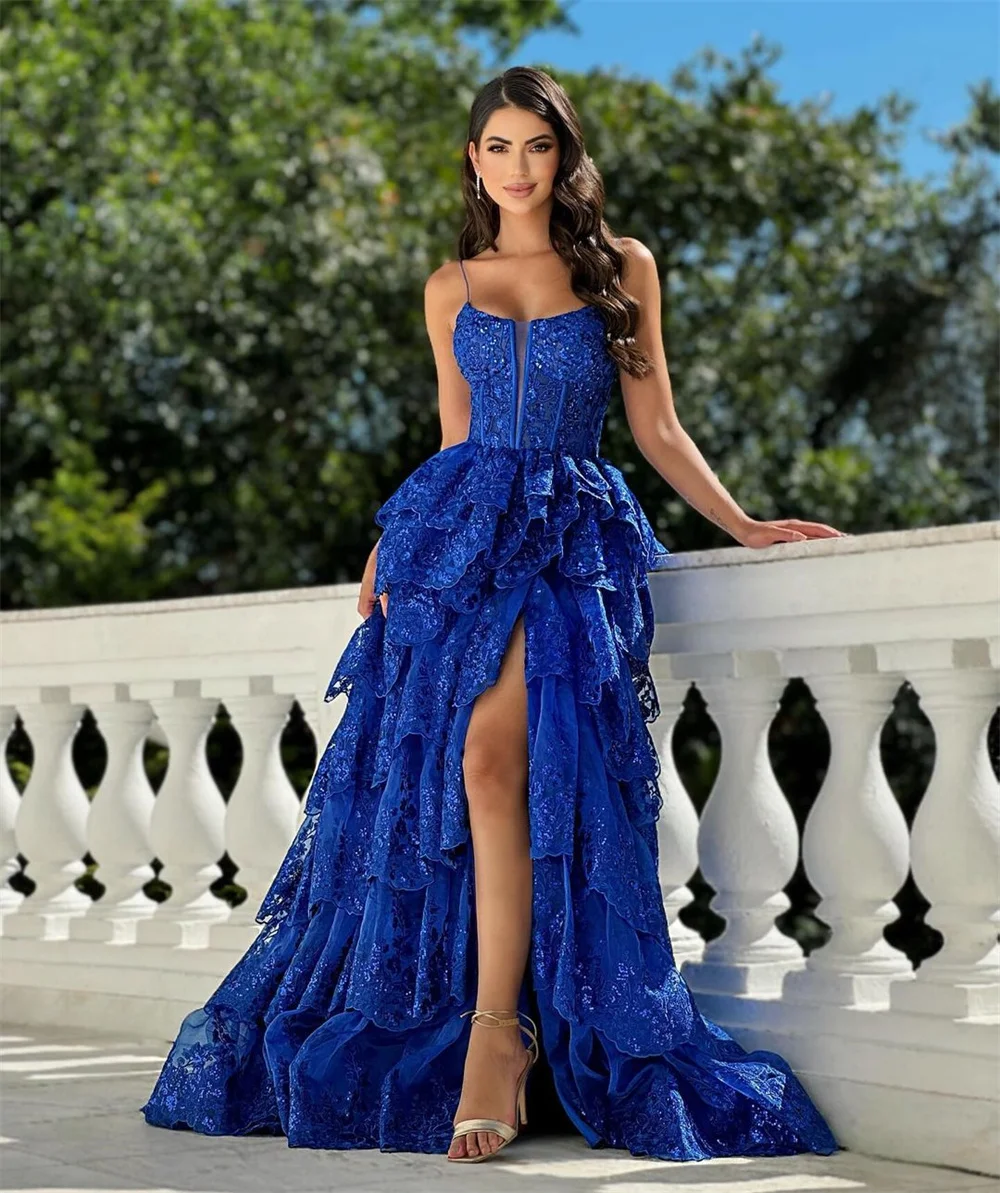 Spaghetti Straps Strapless Tiered Ruffles Prom Dress With Split Lace Appliques Sleeveless Formal Evening Party A-line Ball Gowns