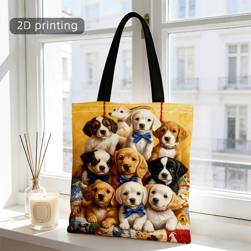 Portable Cute Realistic Puppy Print Tote Bag, Reusable Shopping Bas Handbag Women's Shoulder Pouch