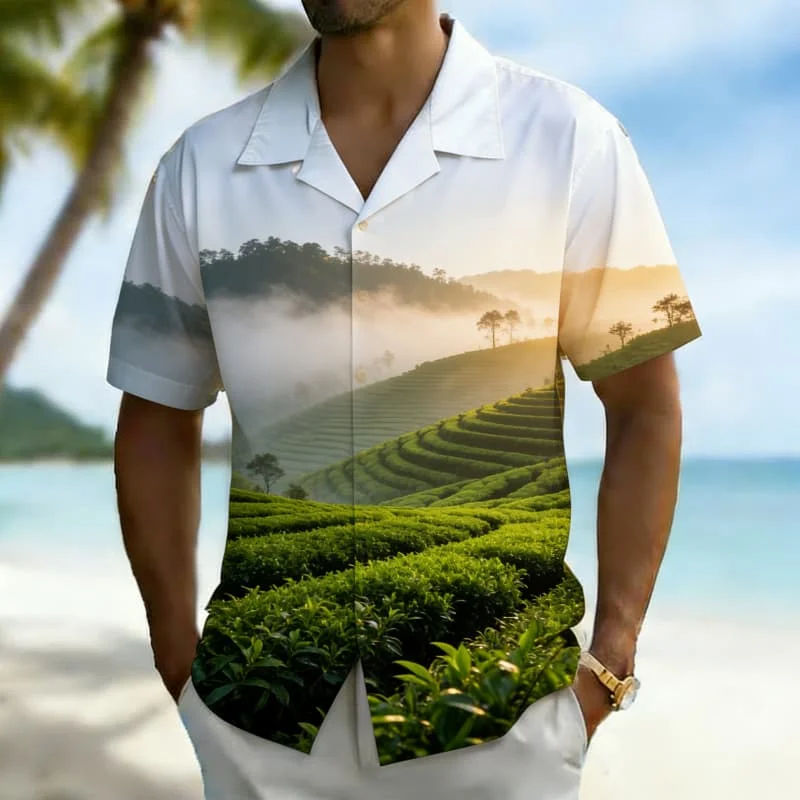 2026 Men's Fashion Scenic Landscape Print Short Sleeve  Shirt Trendy Summer Style for Vacation Party Gathering Daily Commute