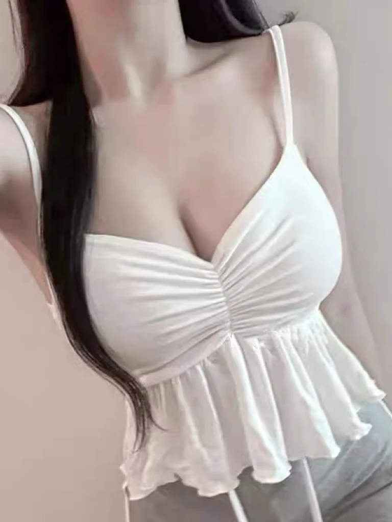 Sexy MZ050 Dongda Gate Women's Tank Top with Chest Enhancement Pleated Hem V-neck Cotton Fitted Vest for Women