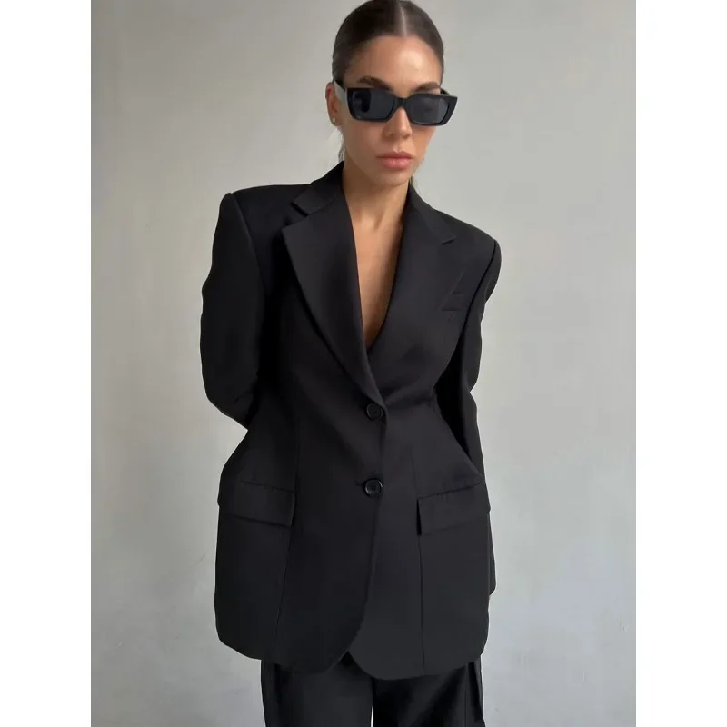 Casual sólido blazers para mulheres lapela urbana manga longa botão bolso feminino streetwear 2025 primavera outono elegante senhora outwear