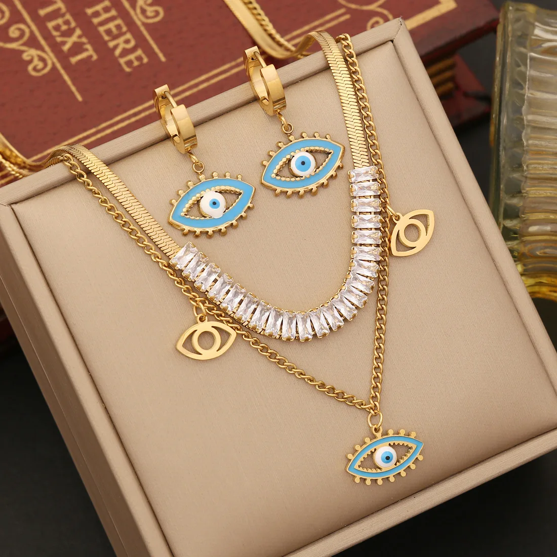 316L Stainless Steel New Fashion Fine Jewelry Zircon Seashell Eyes Eyelash Charm Chain Necklaces Bracelets Earrings For Women