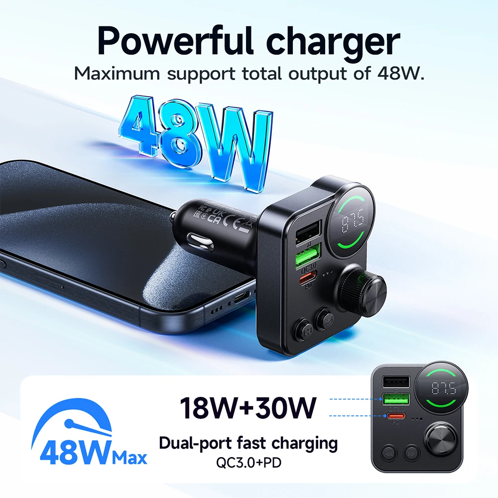 HOCO 48W Dwuportowy USB A QC3.0 Samochodowy nadajnik Bluetooth FM Bezprzewodowy adapter głośnomówiący w samochodzie do muzyki Audio Ładowarka PD30W USB C — zdjęcie produktu 2