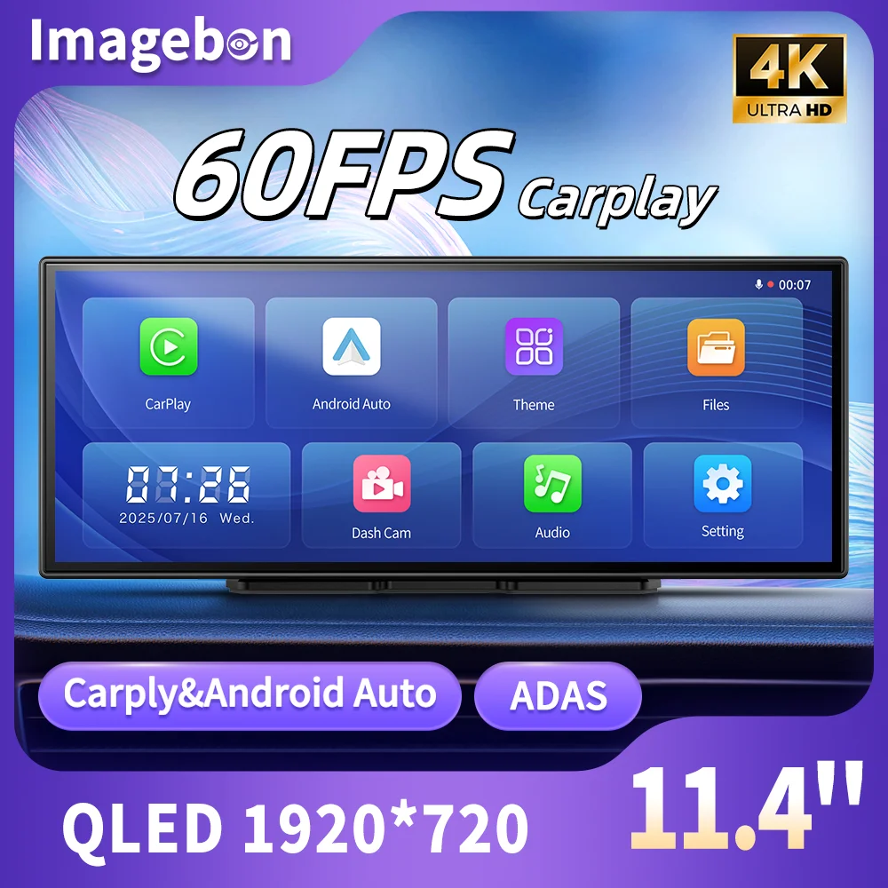 Imagebon H70Plus 11.4″ 4K ADAS 60FPS Dash Cam con schermo In-Cell, CarPlay wireless e Android Auto, doppia registrazione, visione notturna, DVR per auto