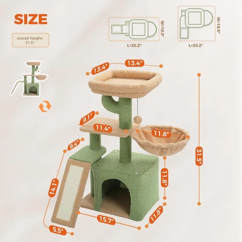 

Cactus Cat Tree for Indoor Cats, 32'' Small Cat Tower Cat Condo with Sisal Scratching Ramp