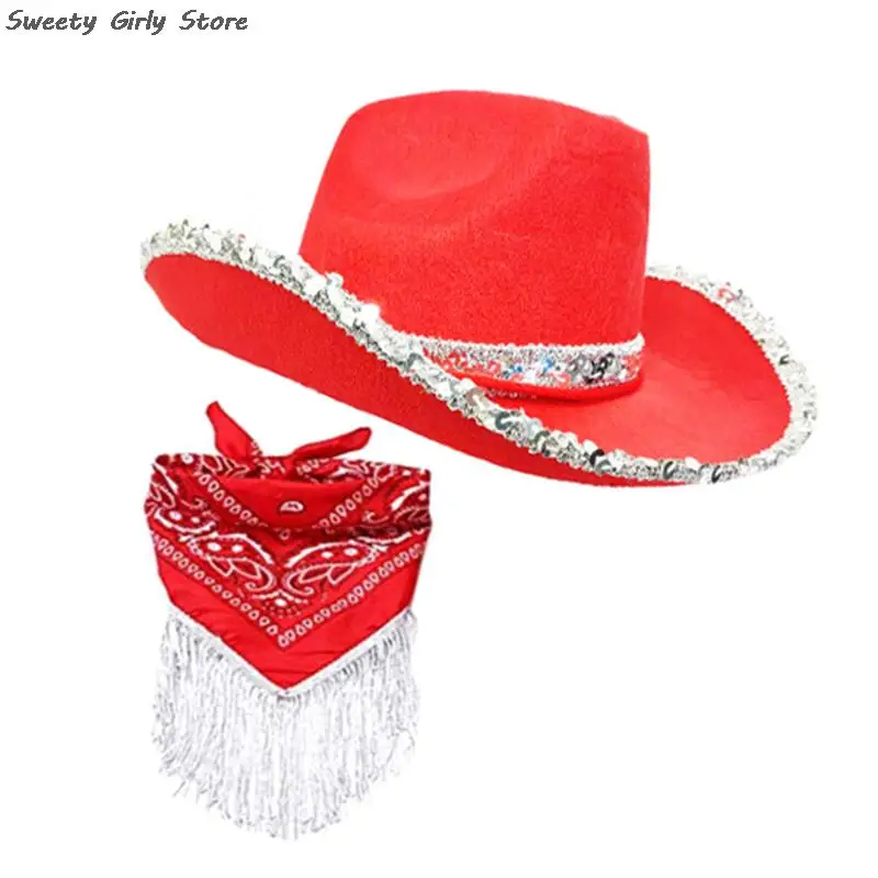 2pcs Performance Party Cowboy Hat Set Western Jazz Hats Cowgirl Sequin Panama Caps Women Fancy Dress Up Headwear Large Brim