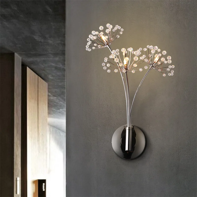 Nordic Dandelion Wall Lamps Bathroom Bedroom Bedside Lamp Living Room Decoration Creative Crystal Flower Led Wall Light Fixtures