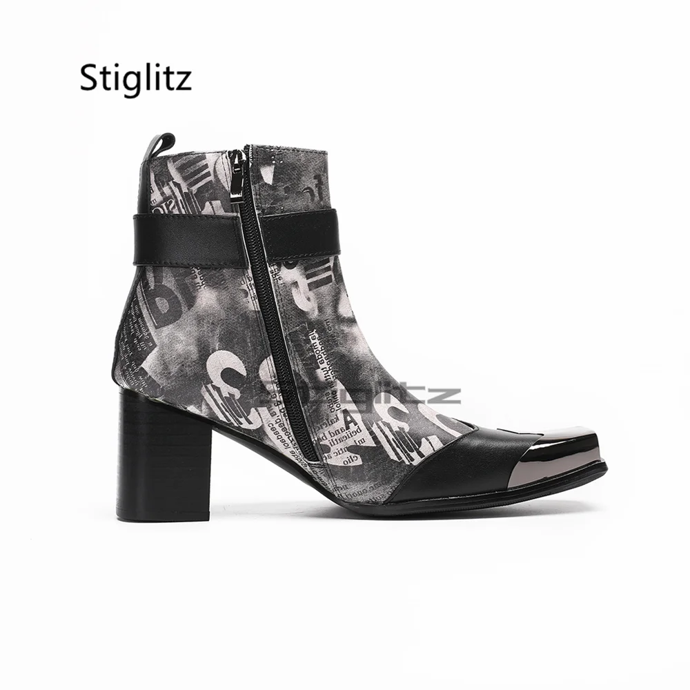 Men's Metal Square Toe Rivets Chelsea Boots Genuien Leather Patchwork Side Zip Belt Buckle High Heels Ankle Boots Party Shoes