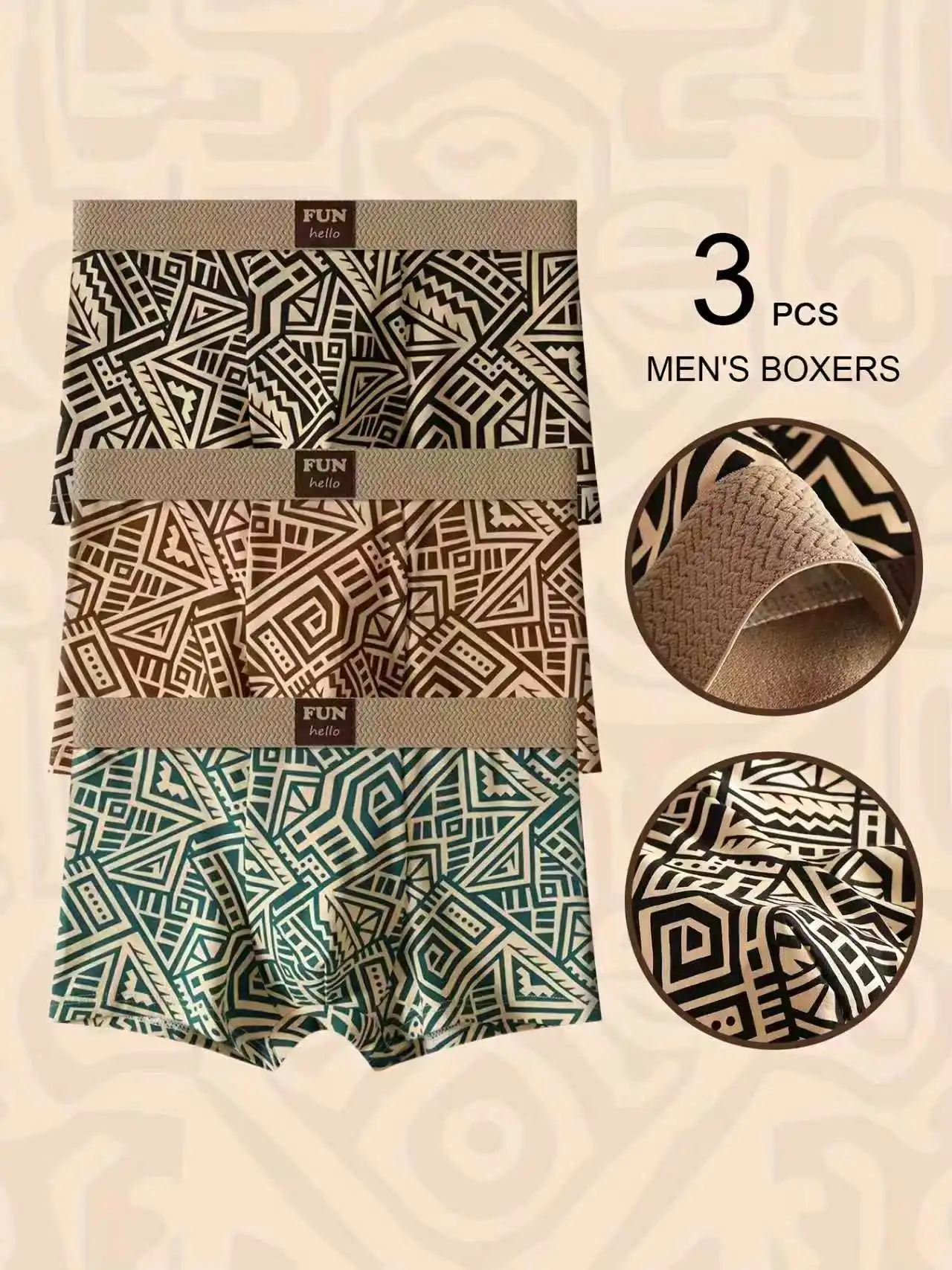 

3-Piece Men's Boxers | Retro Geometric Prints Full of Trendy Vibe, Breathable & Skin-Friendly Like Embraced by Clouds