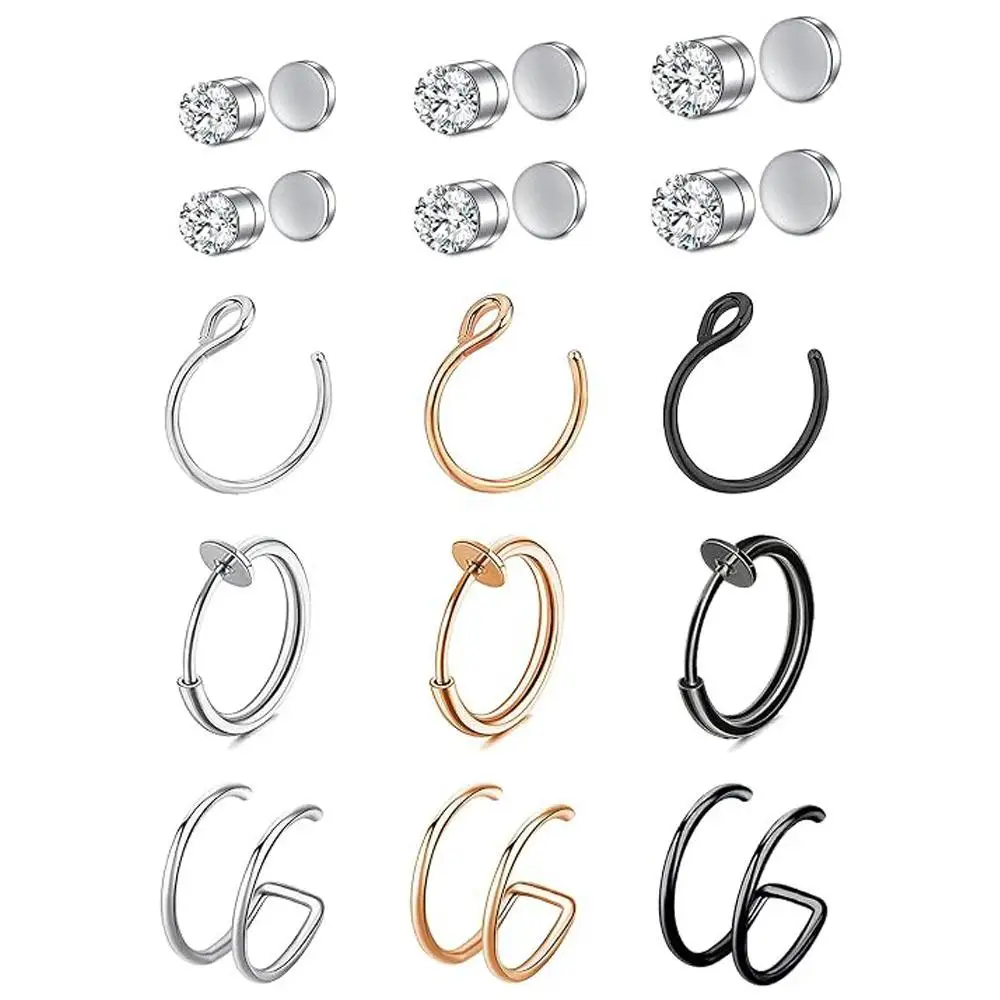 1-15Pcs Set Fake Nose Ring Hoop Magnetic Septum Stud Nose Cuffs Stainless Steel CZ Fake Septum Nose Piercing Faux Ear Lip Cuffs