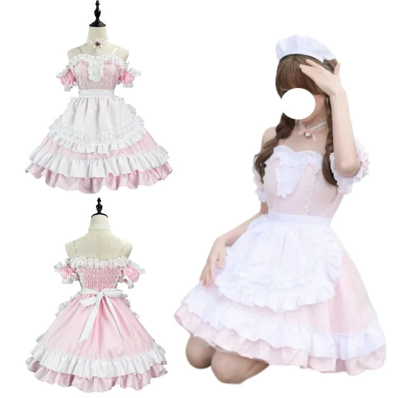 

Anime Sweet Lolita Dress Cat Maid Cosplay Costume Japanese Pink Ruffles Kawaii Princess Dresses Halloween Waitress Role Play
