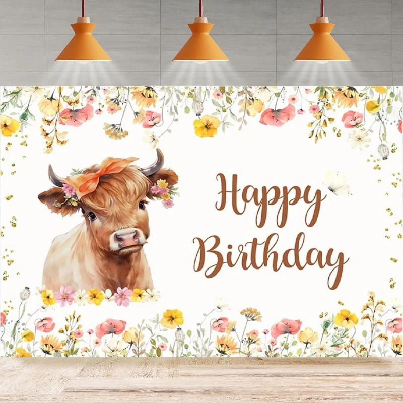 Photography Backdrop For Girls Highland Cow Happy Birthday Party Boho Cow Wildflower Background Party Backdrop Wall Banner Decor