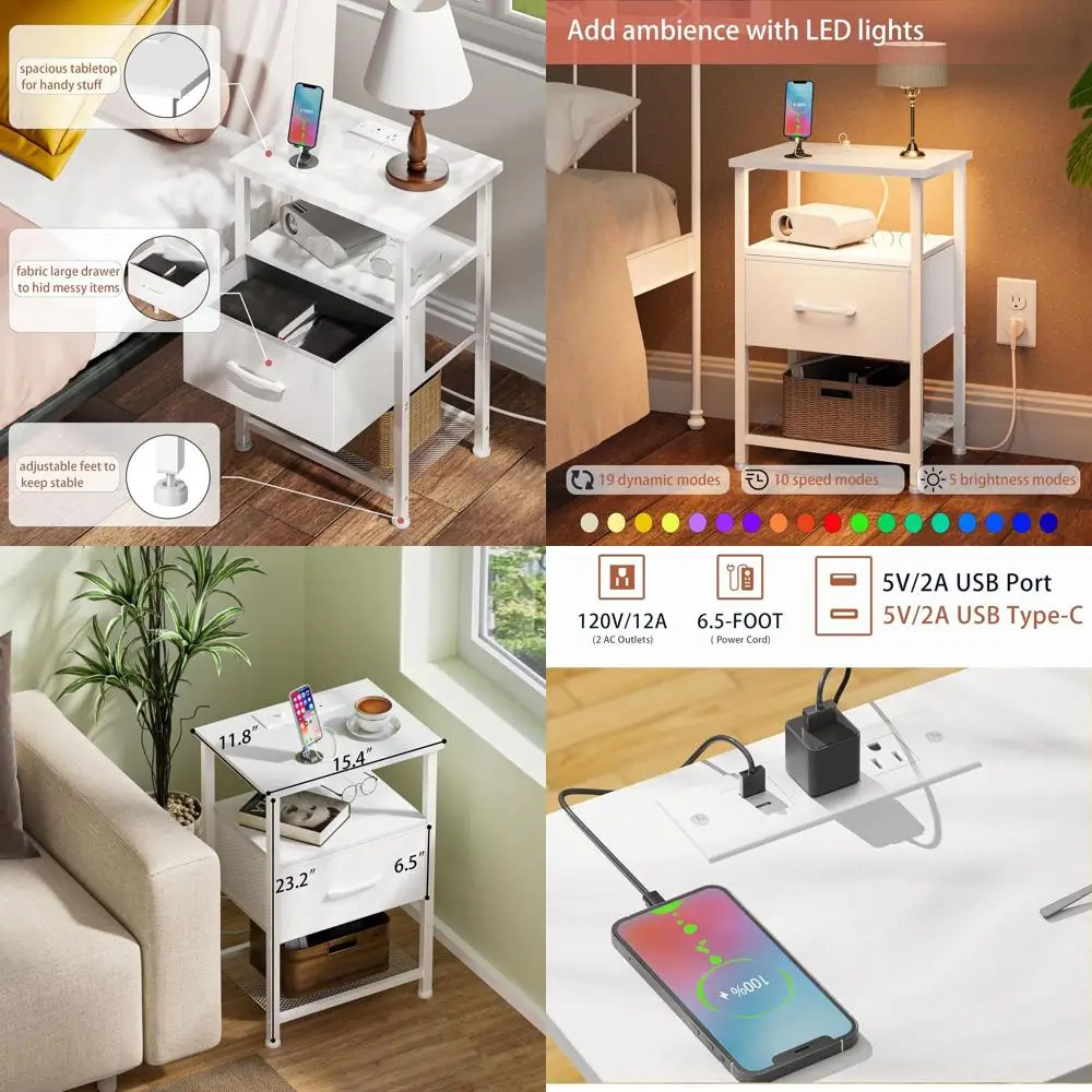 

Пара белых прикроватных тумбочек с зарядкой, светодиодной подсветкой и двухъярусными полками