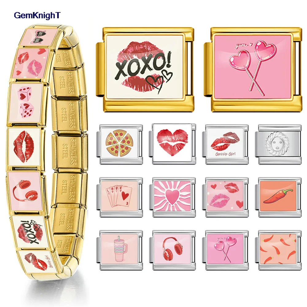 2026 Red Lips Pizza Headset Chili Poker Italienischer Charm Link passend für 9 mm Edelstahl-Armbandherstellung DIY-Schmuckperlen Weihnachtsgeschenk – Detail 1