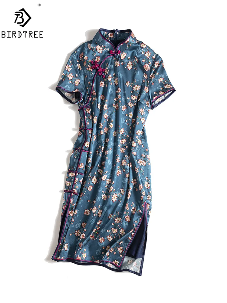 

BirdTree, 95%Natural Silk Elegant Dresses, Women Short Sleeve Stand Floral, Chinese Style Retro Cheongsam, 2024 Summer D46517QM