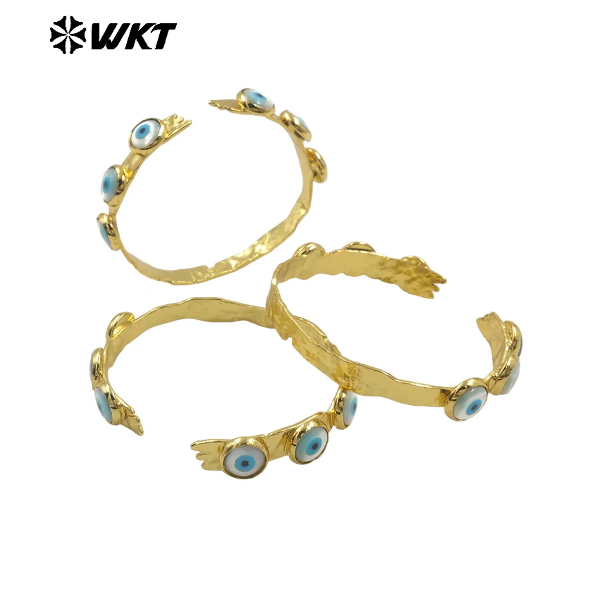 WT-MPB112 Special Lovely Three Devil Eyes Shell Charms Cuff Yellow Brass Bangle For Girls Children Birthday Party Gifts