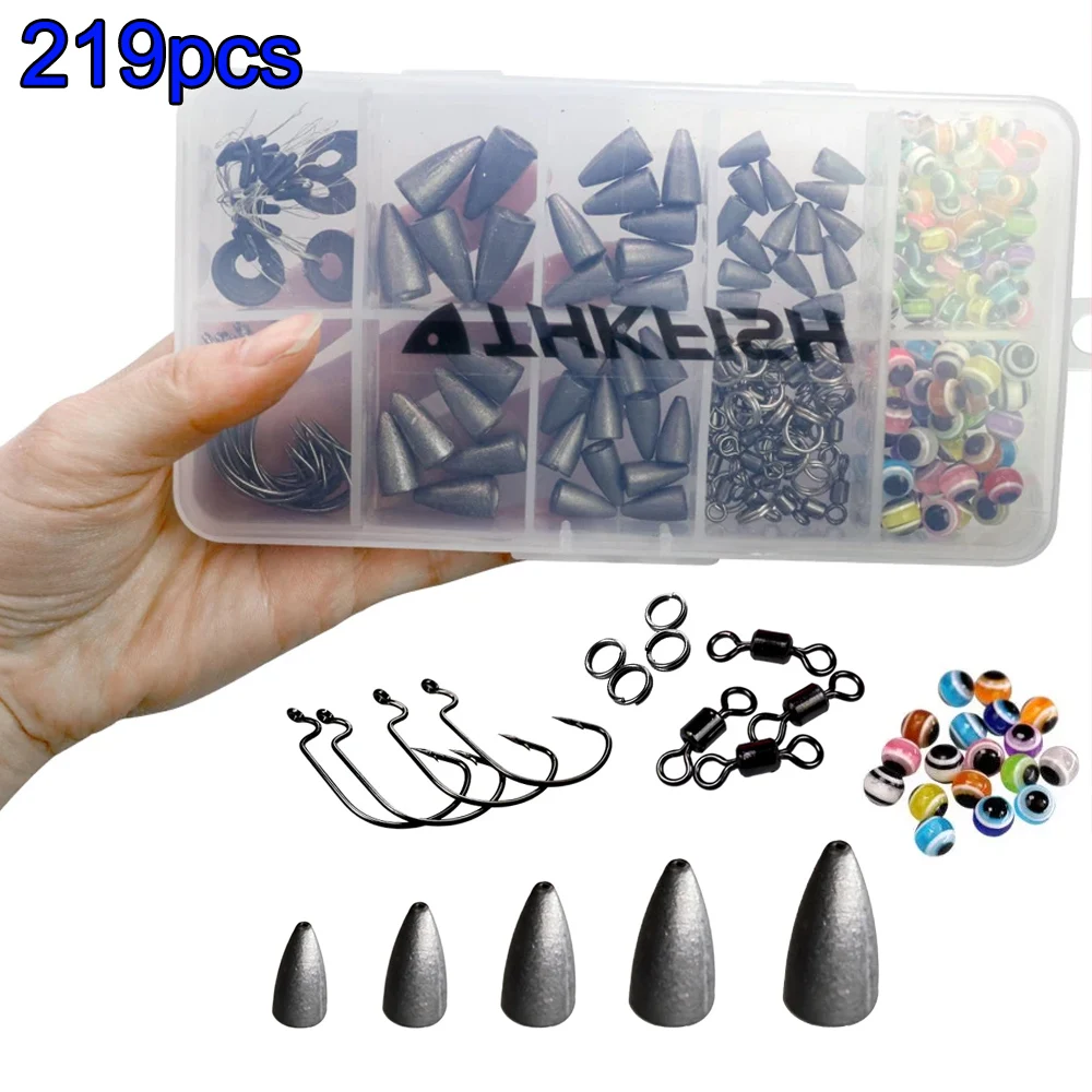 219pcs Texas Rig Carolina Rigs Kit 2.5g 3.5g 5g 7g 10g Bullet Lead Sinkers Worm Offset Hooks Fishing Beads Connector Set