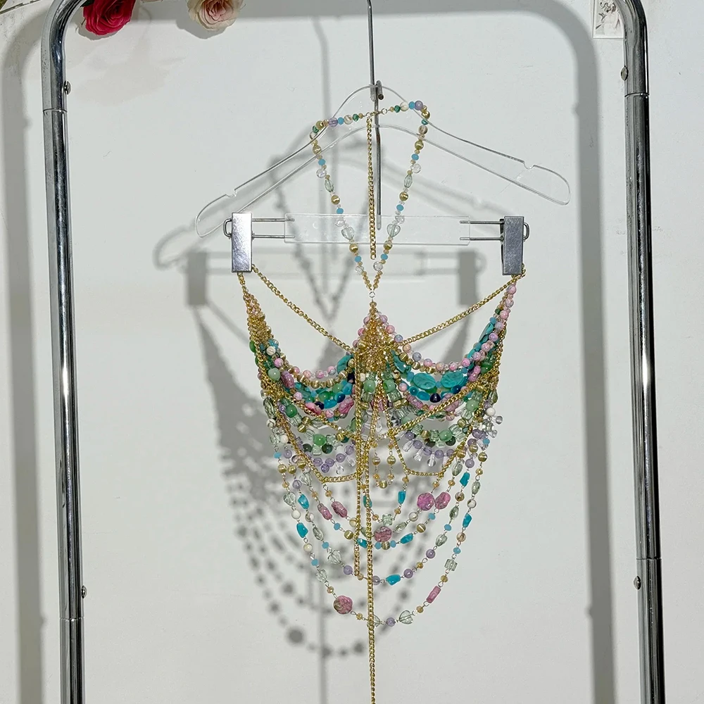 Handgefertigte türkisfarbene Lavendel-Körperkette mit mehreren Steinen für Damen, rückenfreier Ausschnitt, Perlen-Bustier-Bikini, Tankini-Badebekleidung, Dessous