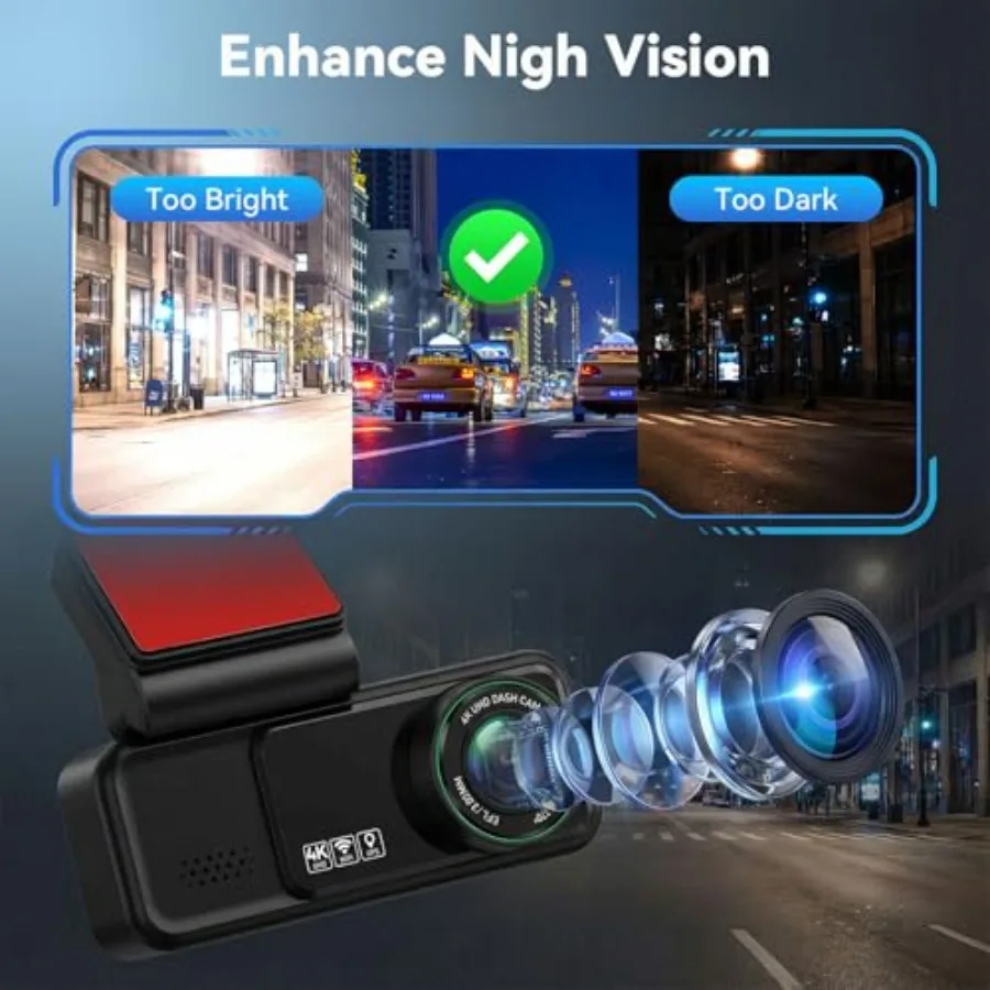 Car dash cam system with front 4K and rear 2K dual cameras, built-in GPS and WiFi, loop recording, night vision, G-sensor, 24H view 5