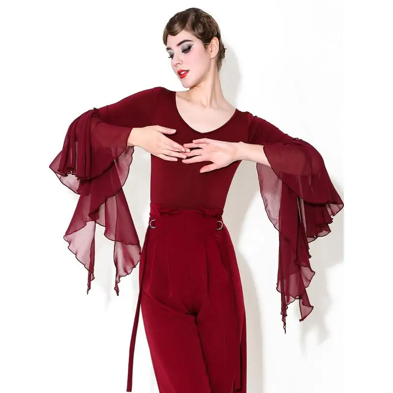 

2025 New Modern Dance Leotard Latin Dance Top Lotus Leaf Horn Sleeve Practice Clothes My934