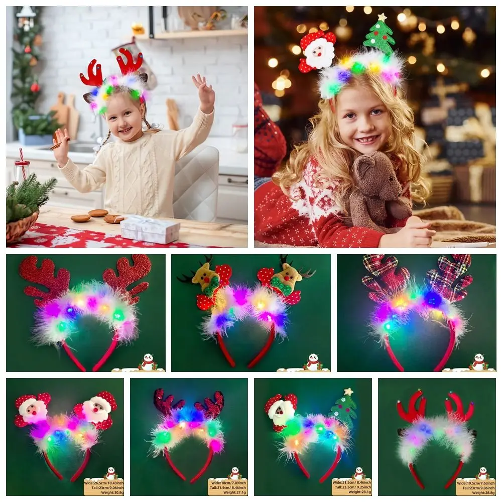 Diadema LED de Navidad con cornamentas, cinta para el pelo con luz LED colorida, tocado luminoso para árbol de Navidad, copo de nieve