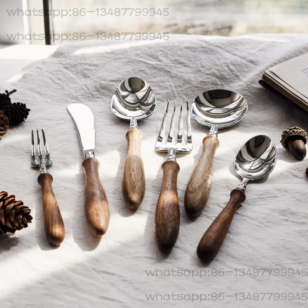 French Light Luxury Medieval Wooden Handle Western Tableware Spoon Fork, Pasta Fork Main Meal Dessert Spoon Steak
