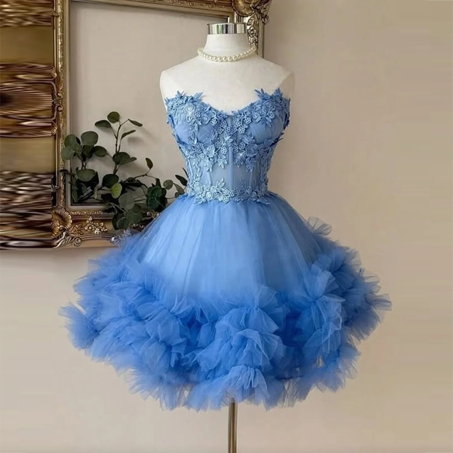 Robe de bal courte en dentelle bleu clair, avec des Appliques, à volants, en Tulle, longueur aux genoux, robe de soirée Cocktail