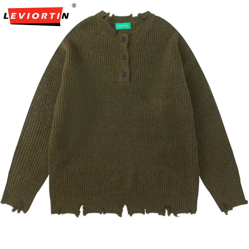 

Осень/зима 2022, мужская мода, модный брендовый ленивый свитер, американский уличный ветровой шлифовальный край, дизайн с разбитым краем, свободный свитер