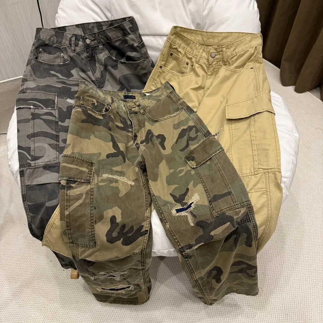 2025 Men Heavyweight Camouflage Cargo Pants Handmade Patch Distressed Vintage Military Trousers 991 Loose