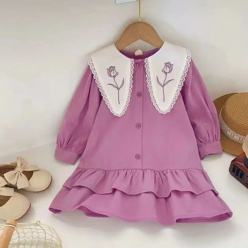 

Baby Girls Big Turn Down Collar Dress Casual Pink Clothes Summer 2025 New Korean Cotton Girls Princess Dress