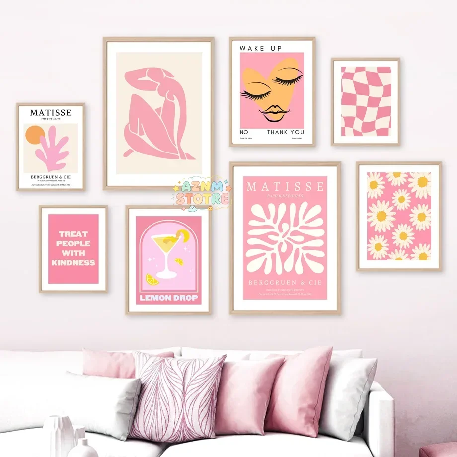 (2D Canvas Painting) Matisse Woman Leaf Flower Drink Angel Number Pink Posters Canvas Painting Gallery Wall Art Prints Pictur