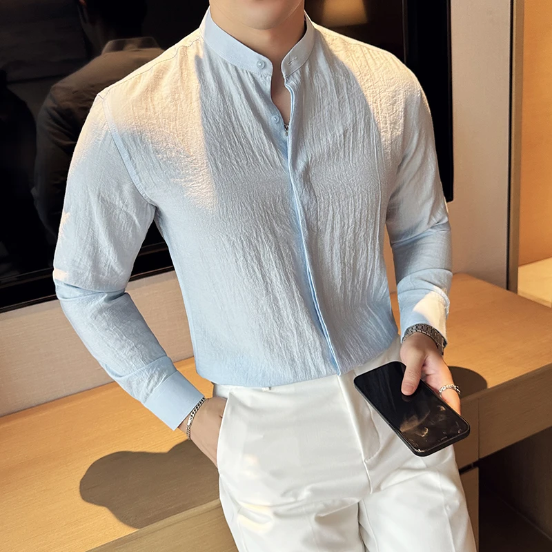 

Men's Spring High Quality Stand Collar Shirts Brand Clothing Male Slim Fit Long Sleeve Shirts Plus Size 4XL-M